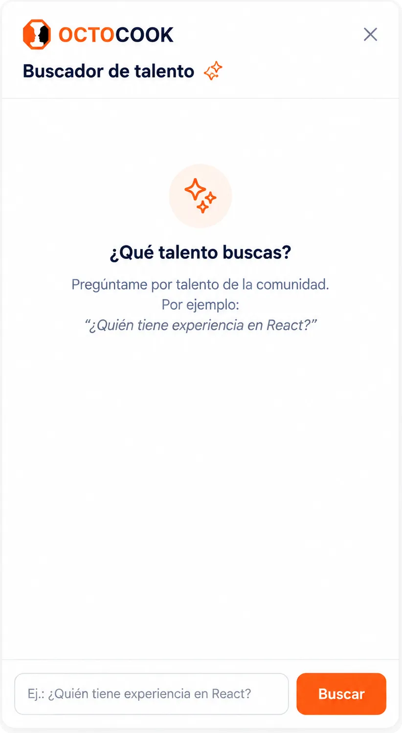 Buscador de talento de OctoCook: pantalla de búsqueda por IA que invita a preguntar por talento de la comunidad, con el ejemplo ¿Quién tiene experiencia en React?