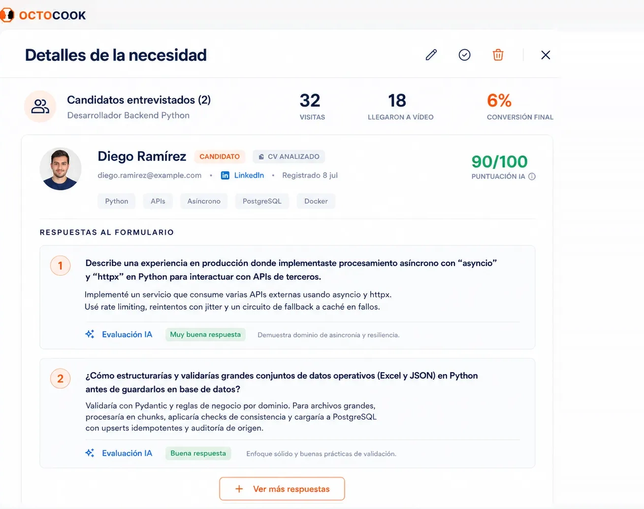 Vista de evaluación de un candidato en OctoCook: puntuación IA 90/100, etiquetas de competencias y valoración de sus respuestas.