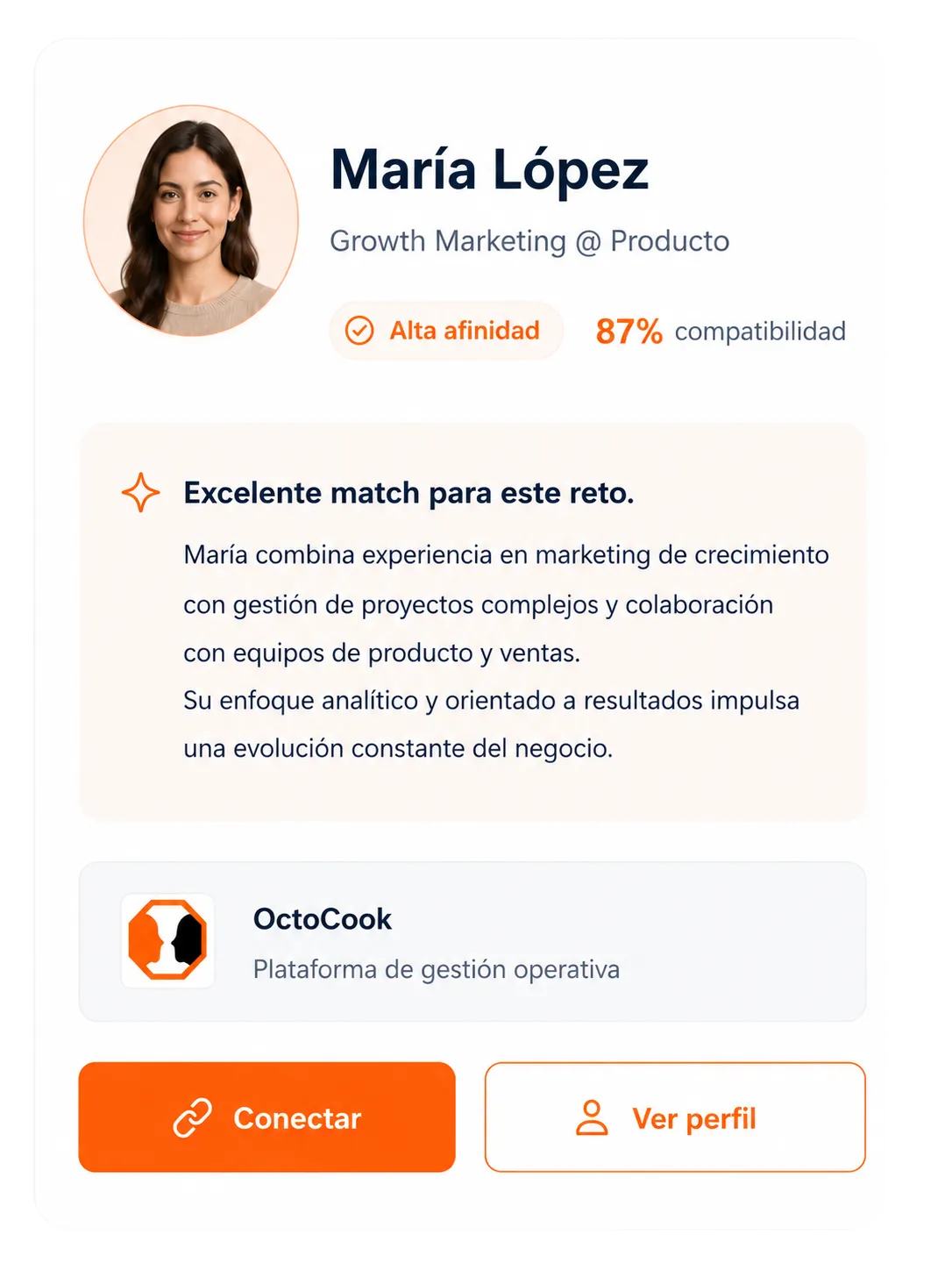 Tarjeta de afinidad en OctoCook: María López, 87% de compatibilidad con el reto, con acciones para conectar o ver su perfil.