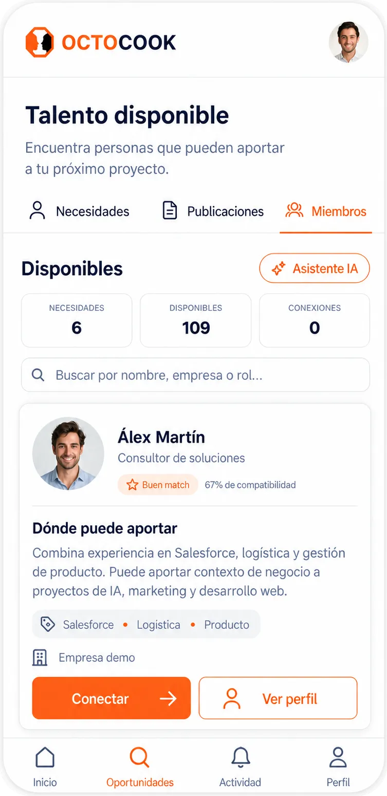 Pantalla de talento disponible en OctoCook: listado de miembros con buscador, contadores de necesidades y disponibles, y la ficha de Álex Martín con un 67% de compatibilidad.